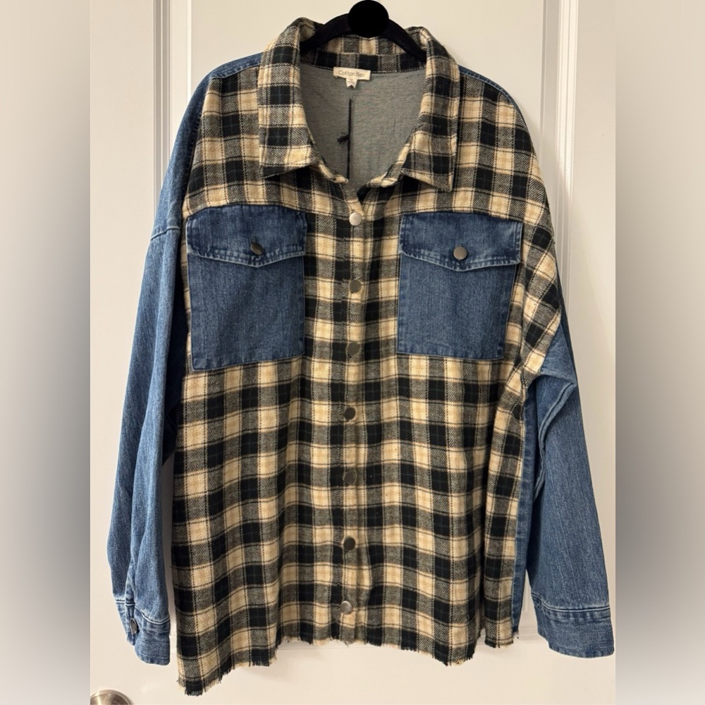 #2058 Cotton Bleu Brushed Plaid Denim Jacket Black Ivory Medium Wash Blue Denim